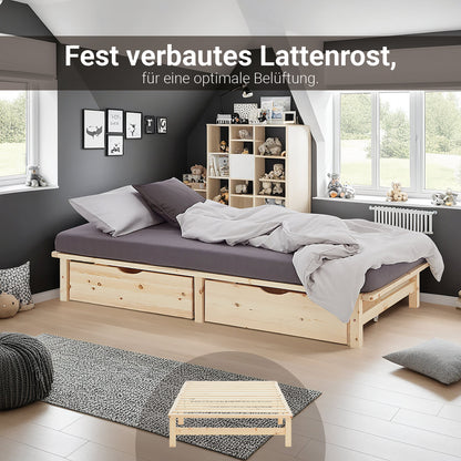 Palettenbett 90x200 cm Natur | Einzelbett mit Bettkästen | mit Matratze | Holz | Kind Gast