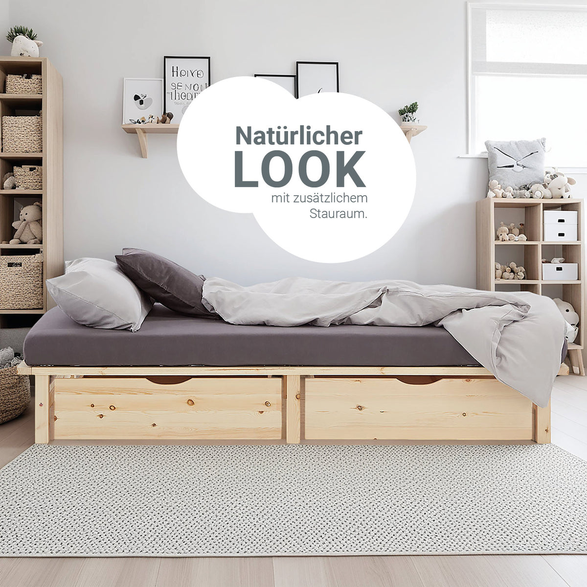 Palettenbett 90x200 cm Natur | Einzelbett mit Bettkästen | mit Matratze | Holz | Kind Gast