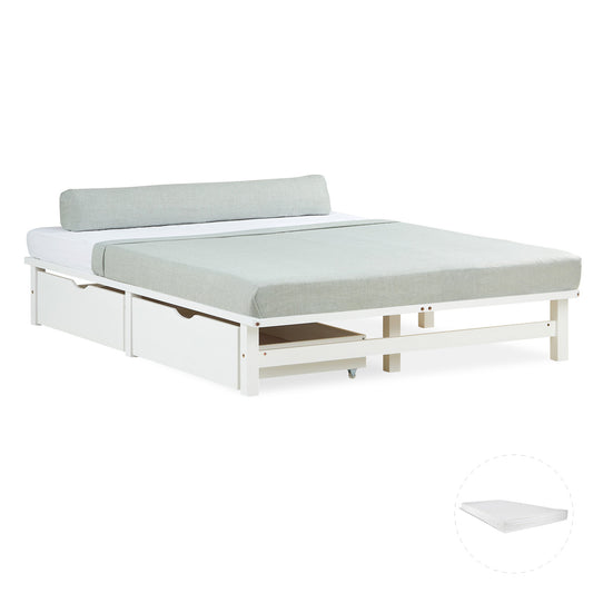 Palettenbett 140x200 cm Weiss | Doppelbett mit Bettkästen | mit Matratze | Holz | Kind Gast