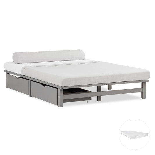 Palettenbett 140x200 cm Grau | Doppelbett mit Bettkästen | mit Matratze | Holz | Kind Gast