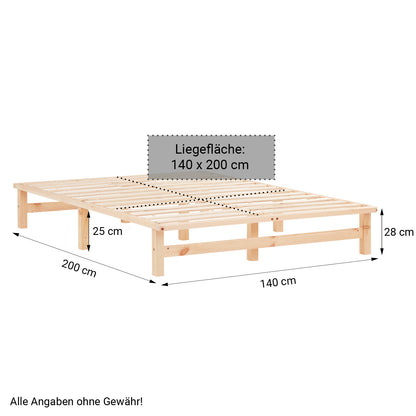Palettenbett 140x200 cm Natur | Doppelbett mit Matratze | mit Lattenrost | Holz | Jugend Gast