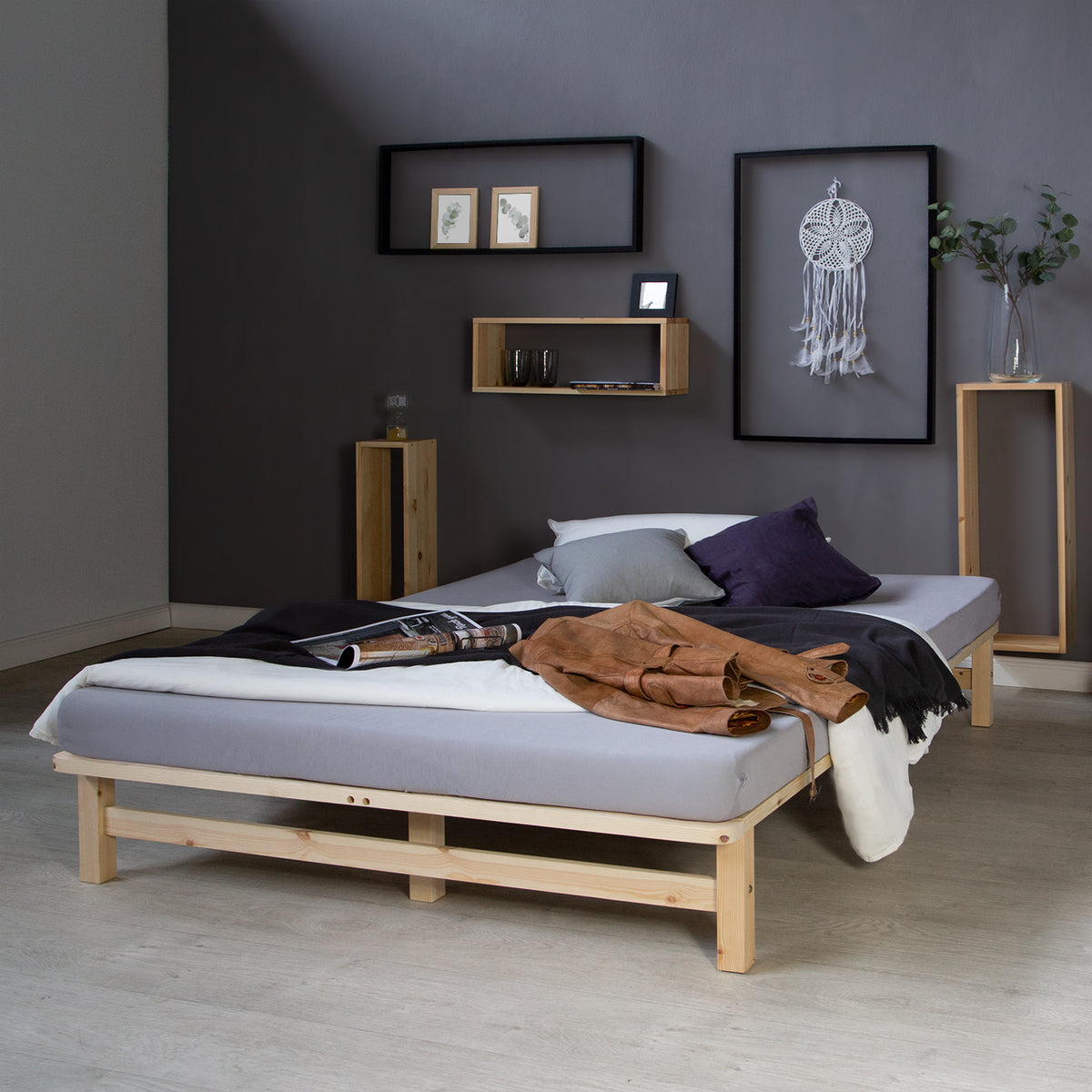 Palettenbett 140x200 cm Natur | Doppelbett mit Matratze | mit Lattenrost | Holz | Jugend Gast