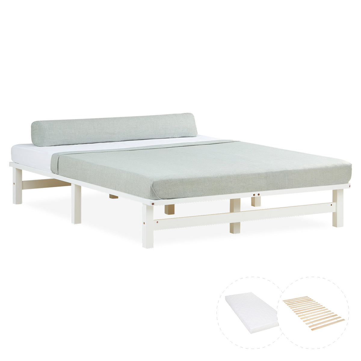 Palettenbett 140x200 cm Weiss | Doppelbett mit Matratze | mit Lattenrost | Holz | Jugend Gast