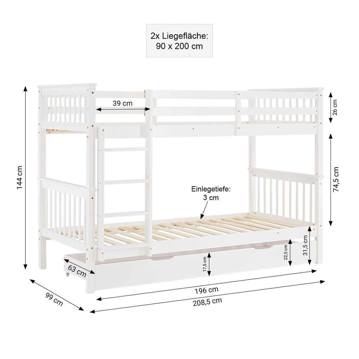 Etagenbett 90x200 cm Weiß | Kinderbett mit Matratze | mit Bettkasten | mit Lattenrost | Rausfallschutz | Umbaubar | massiv