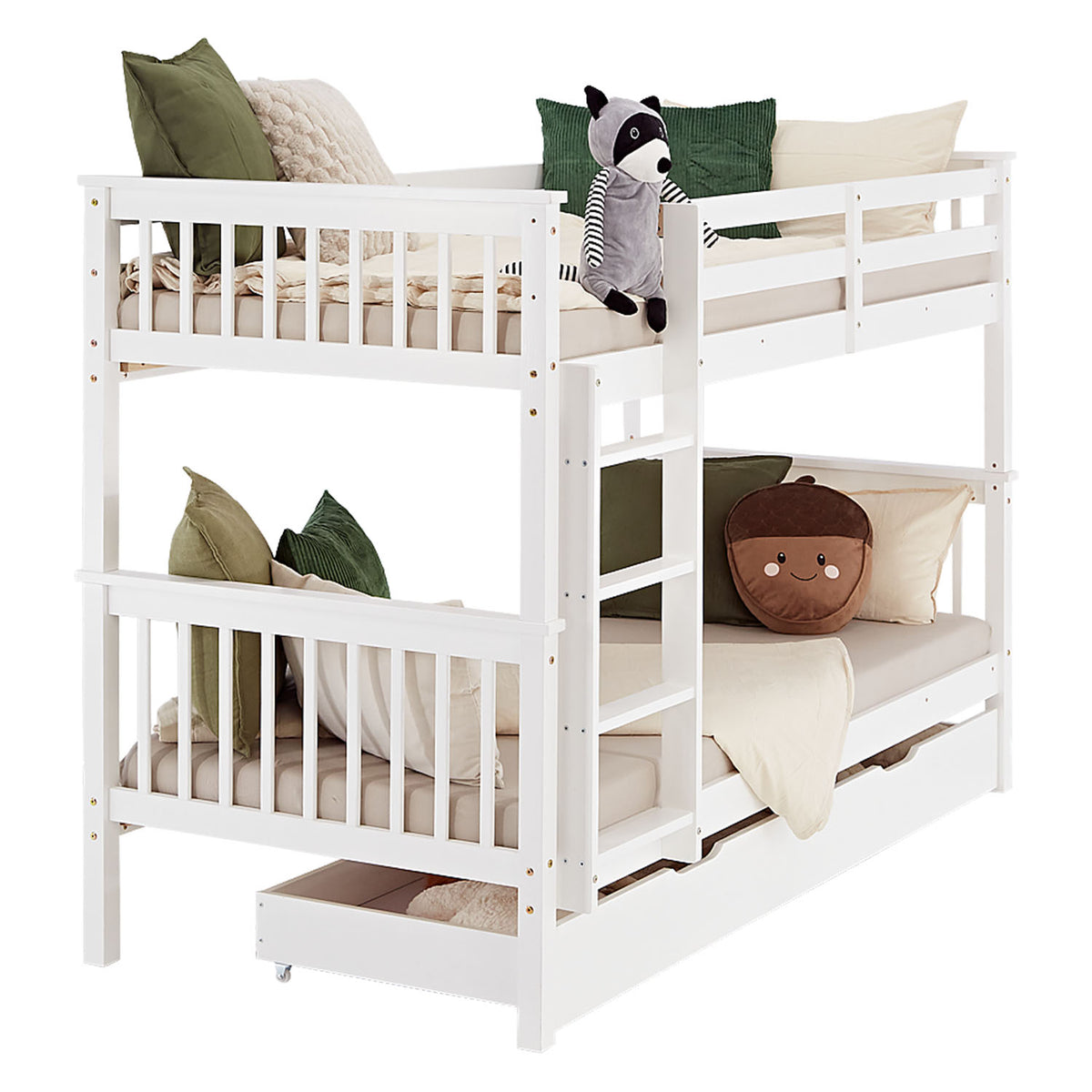 Etagenbett 90x200 cm Weiß | Kinderbett mit Matratze | mit Bettkasten | mit Lattenrost | Rausfallschutz | Umbaubar | massiv