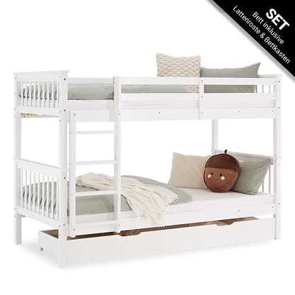 Etagenbett 90x200 cm Weiß | Kinderbett mit Matratze | mit Bettkasten | mit Lattenrost | Rausfallschutz | Umbaubar | massiv