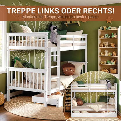 Etagenbett 90x200 cm Weiß | Kinderbett mit Matratze | mit Bettkasten | mit Lattenrost | Rausfallschutz | Umbaubar | massiv