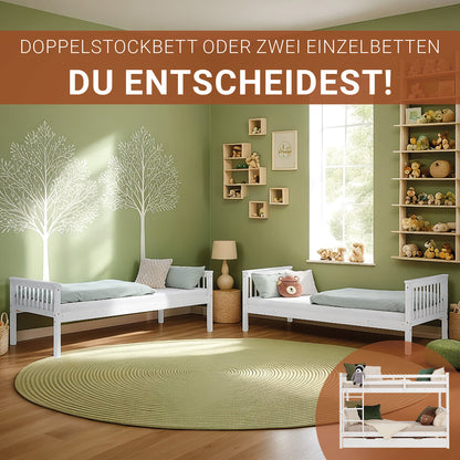 Etagenbett 90x200 cm Weiß | Kinderbett mit Matratze | mit Bettkasten | mit Lattenrost | Rausfallschutz | Umbaubar | massiv