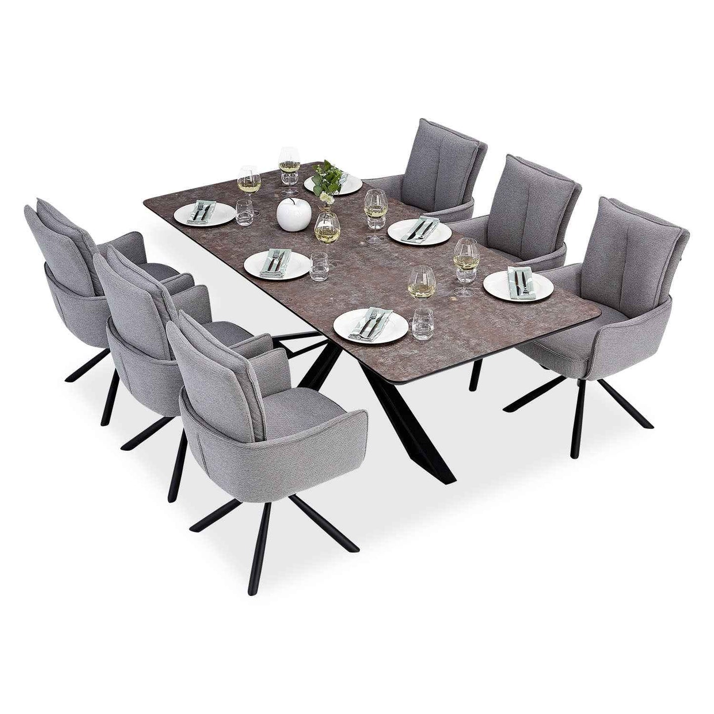 Esstisch mit 6 Stühlen Set Essgruppe Polsterstühle Drehbar Grau 200x100 cm Metall Braun Schwarz