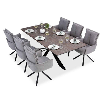 Esstisch mit 6 Stühlen Set Essgruppe Polsterstühle Drehbar Grau 200x100 cm Metall Braun Schwarz