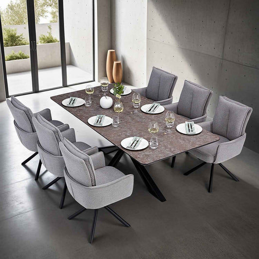 Esstisch mit 6 Stühlen Set Essgruppe Polsterstühle Drehbar Grau 200x100 cm Metall Braun Schwarz