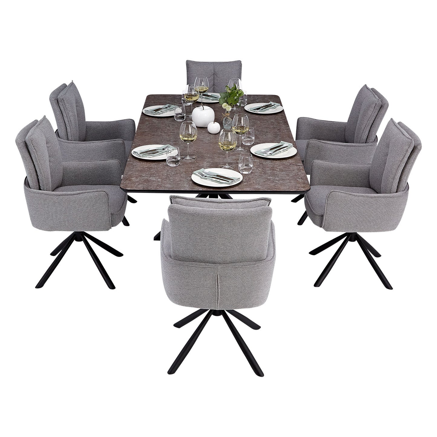 Esstisch mit 6 Stühlen Set Essgruppe Polsterstühle Drehbar Grau 200x100 cm Metall Braun Schwarz