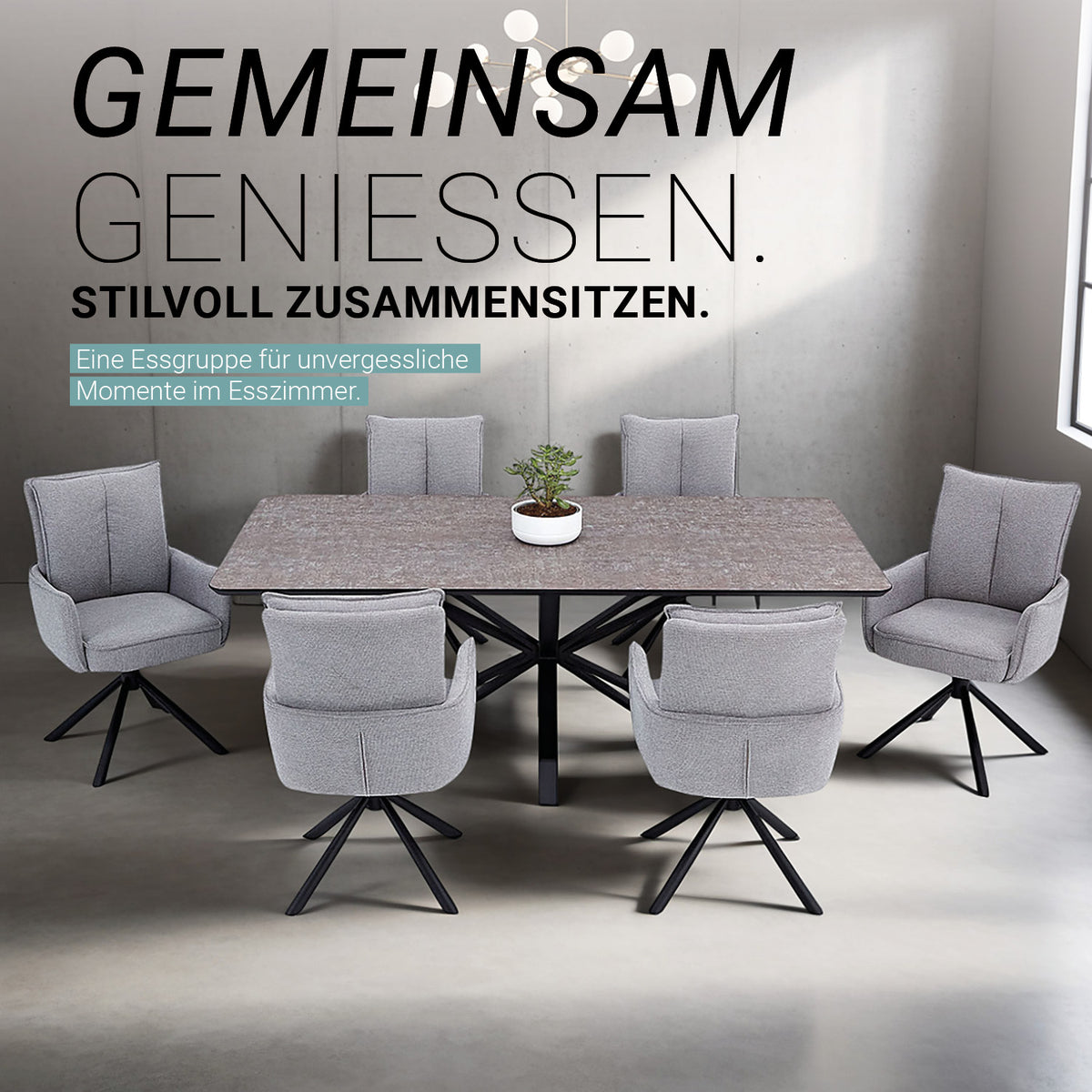 Esstisch mit 6 Stühlen Set Essgruppe Polsterstühle Drehbar Grau 200x100 cm Metall Braun Schwarz