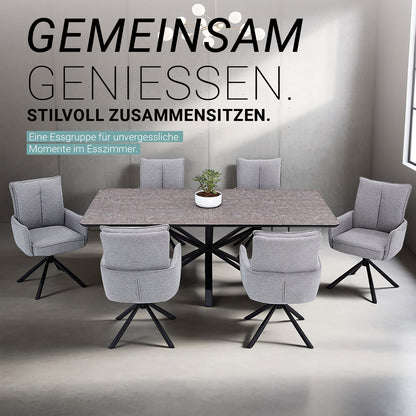Esstisch mit 6 Stühlen Set Essgruppe Polsterstühle Drehbar Grau 200x100 cm Metall Braun Schwarz