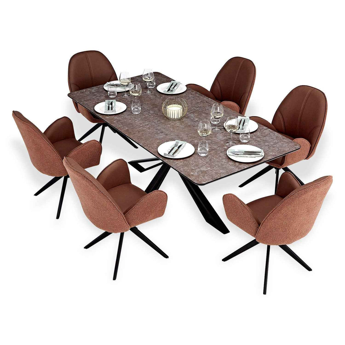 Esstisch mit 6 Stühlen Set Essgruppe Polsterstühle Drehbar Bouclé Leder Braun Esszimmertisch 200x100 cm Metall Schwarz