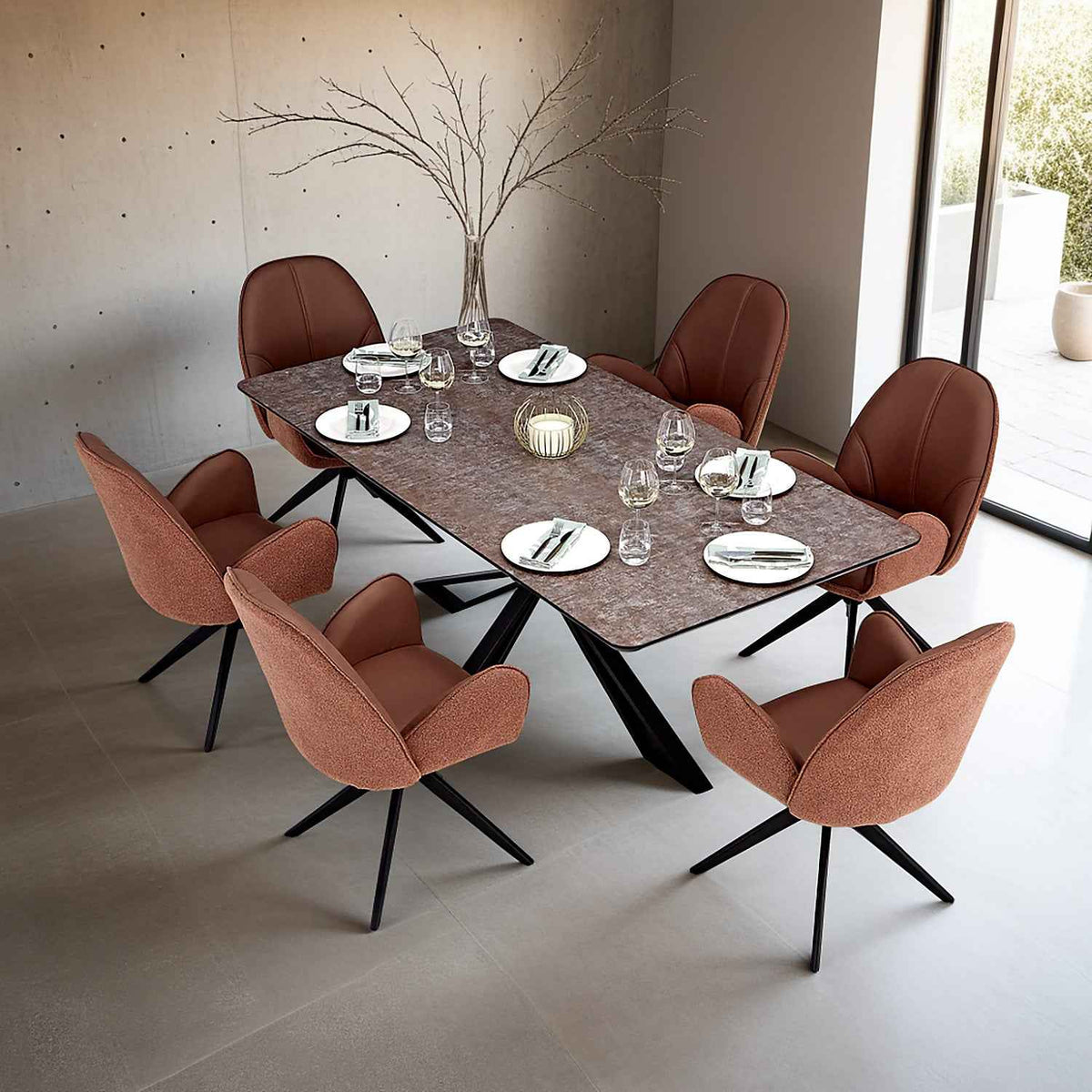 Esstisch mit 6 Stühlen Set Essgruppe Polsterstühle Drehbar Bouclé Leder Braun Esszimmertisch 200x100 cm Metall Schwarz