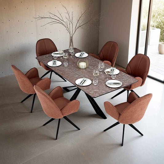 Esstisch mit 6 Stühlen Set Essgruppe Polsterstühle Drehbar Bouclé Leder Braun Esszimmertisch 200x100 cm Metall Schwarz