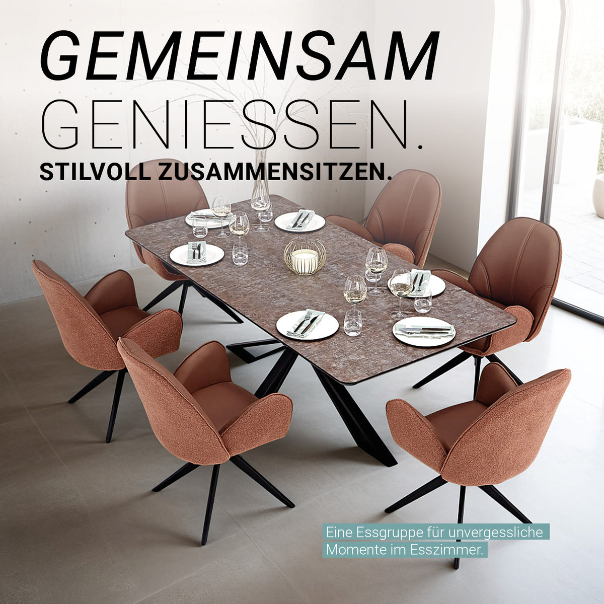 Esstisch mit 6 Stühlen Set Essgruppe Polsterstühle Drehbar Bouclé Leder Braun 200x100 cm Metall Schwarz