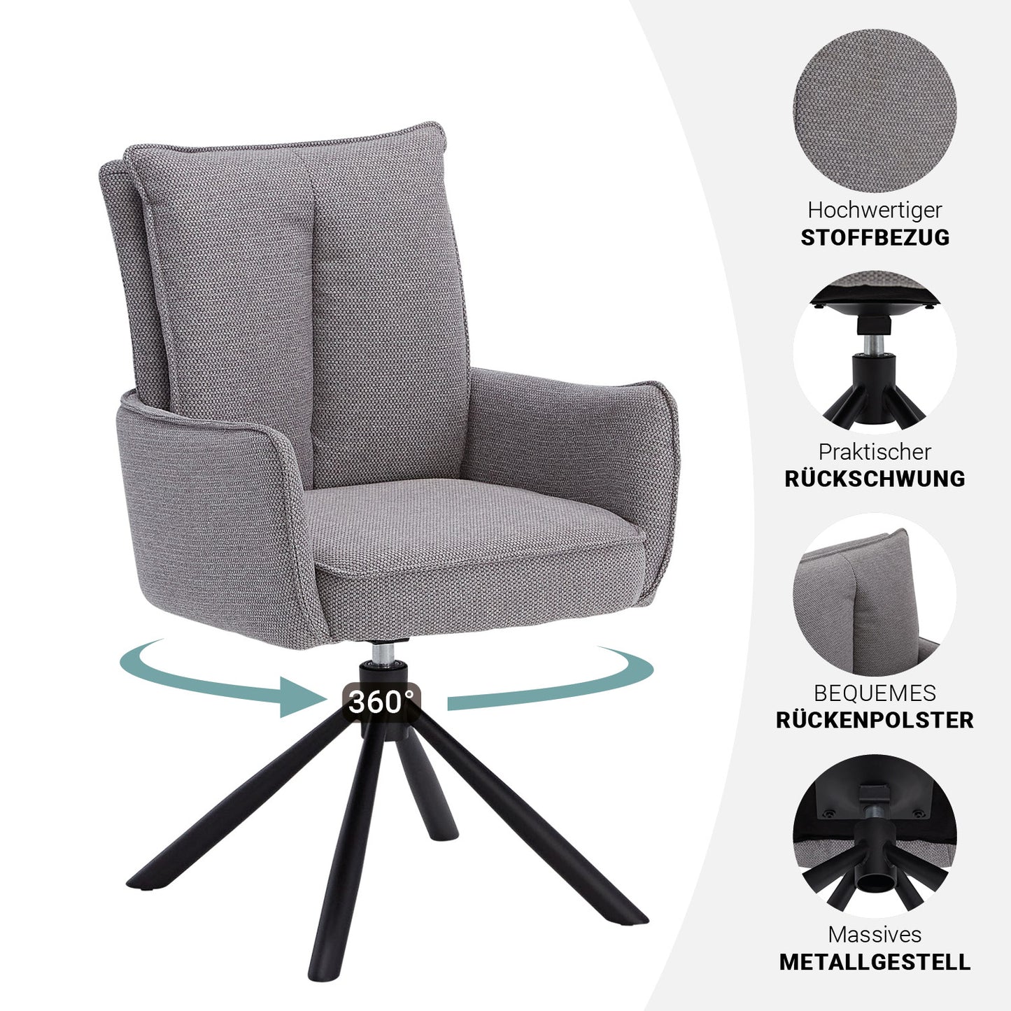 Polsterstuhl Stoff Grau | 2er-Set | drehbar | mit Armlehnen | Küche Esszimmer Büro