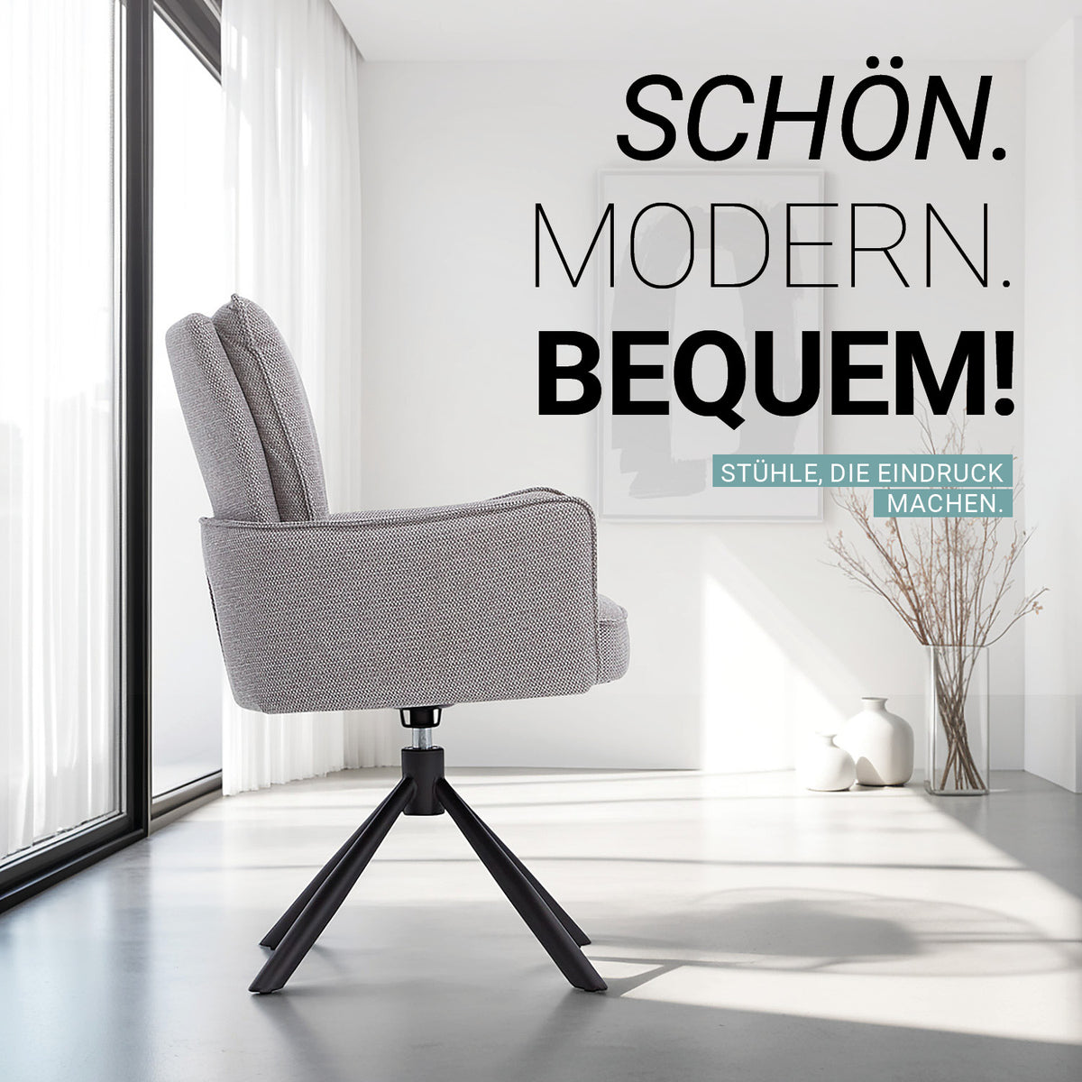 Polsterstuhl Stoff Grau | 6er-Set | drehbar | mit Armlehnen | Küche Esszimmer Büro