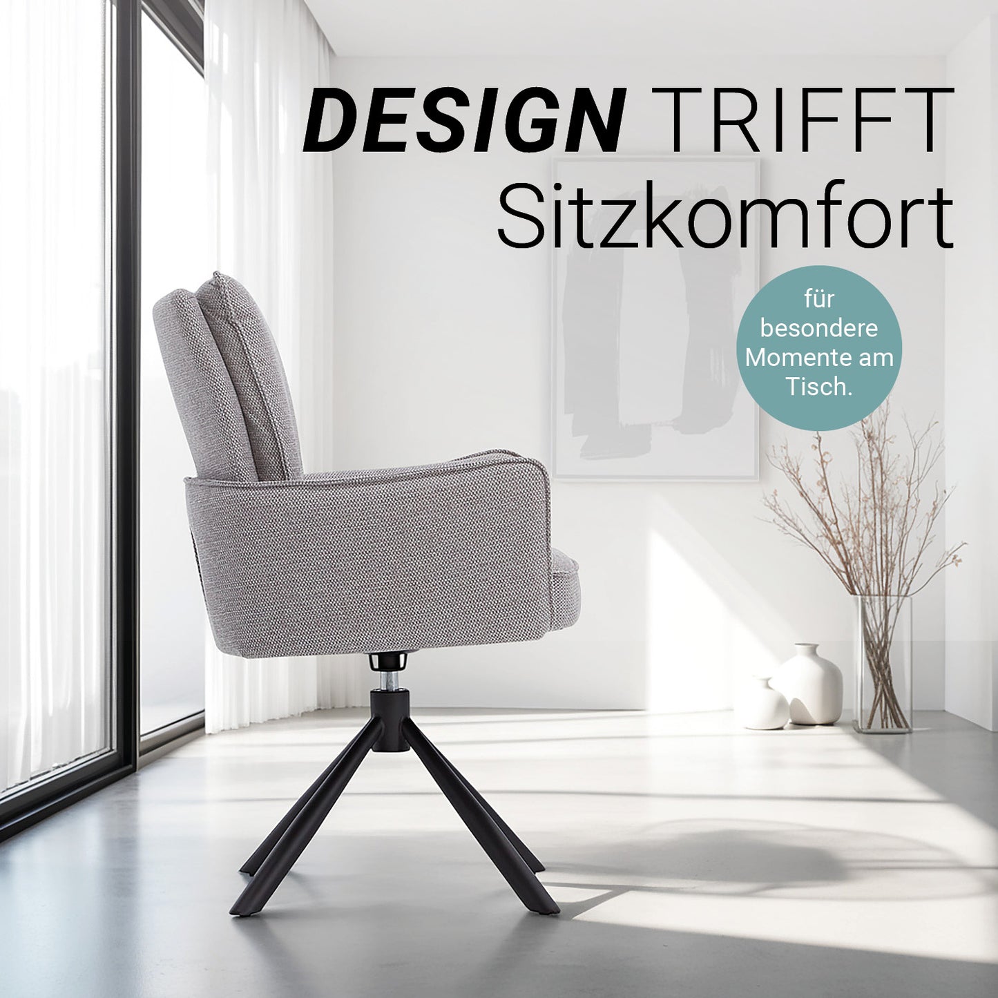 Polsterstuhl Stoff Grau | 6er-Set | drehbar | mit Armlehnen | Küche Esszimmer Büro