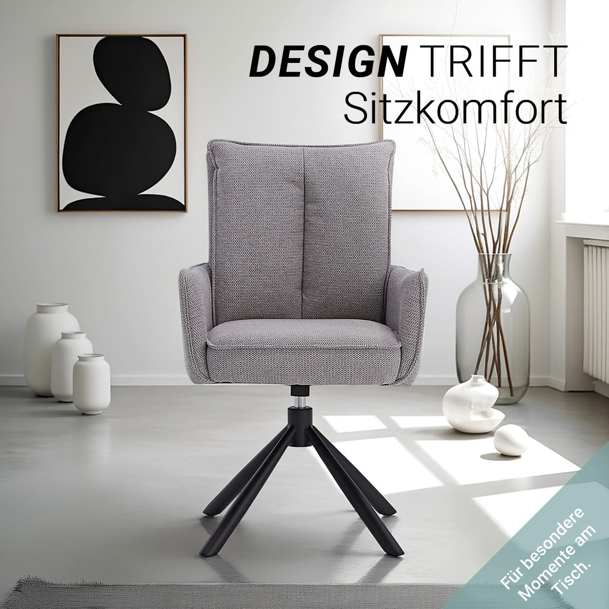 Polsterstuhl Stoff Grau | 6er-Set | drehbar | mit Armlehnen | Küche Esszimmer Büro