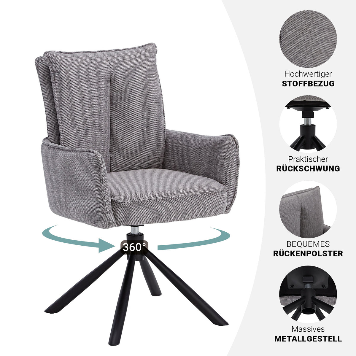 Polsterstuhl Stoff Grau | 6er-Set | drehbar | mit Armlehnen | Küche Esszimmer Büro