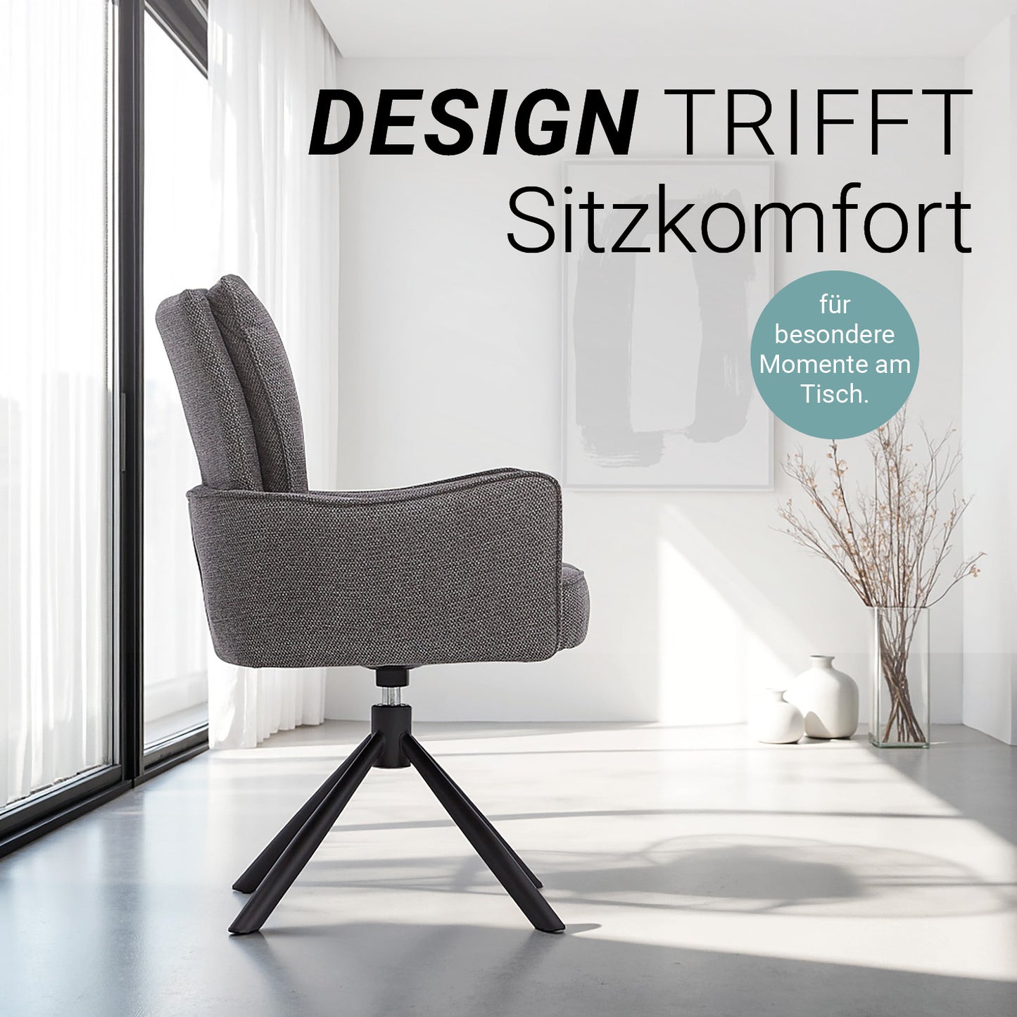 Polsterstuhl Stoff Anthrazit | 2er-Set | drehbar | mit Armlehnen | Küche Esszimmer Büro