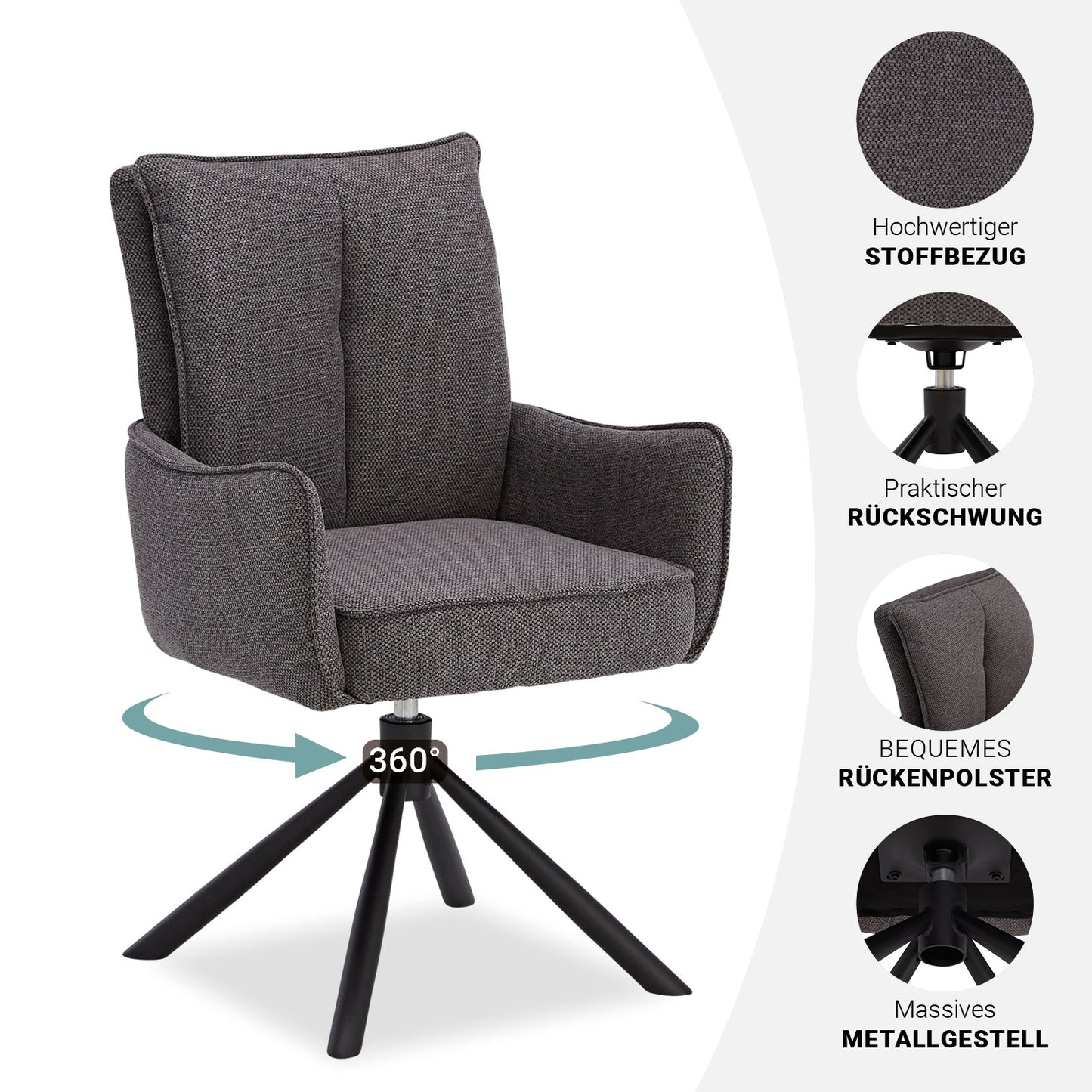 Polsterstuhl Stoff Anthrazit | 2er-Set | drehbar | mit Armlehnen | Küche Esszimmer Büro