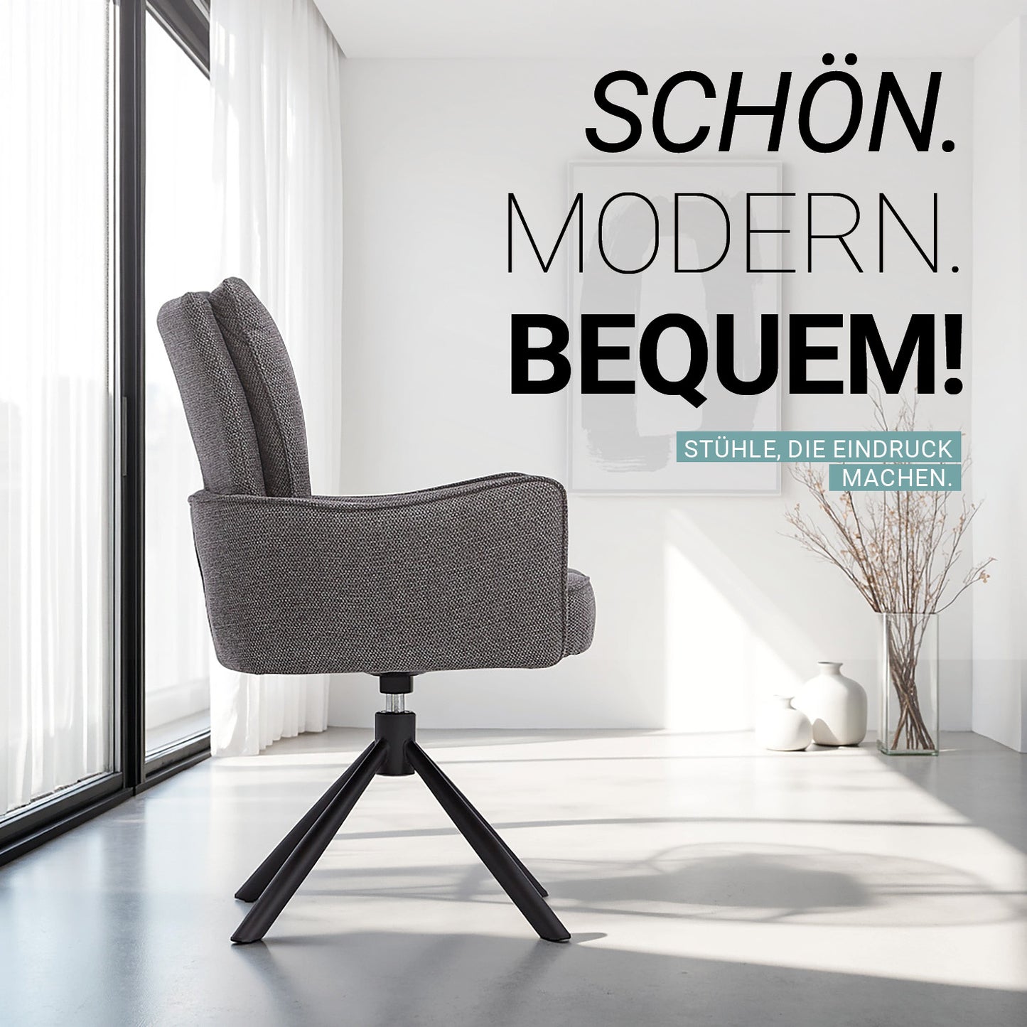 Polsterstuhl Stoff Anthrazit | 4er-Set | drehbar | mit Armlehnen | Küche Esszimmer Büro