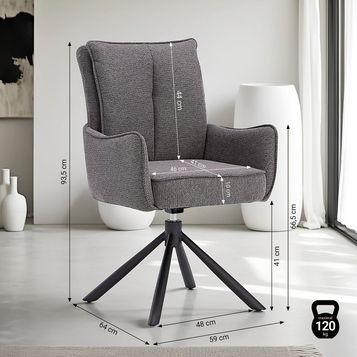Polsterstuhl Stoff Anthrazit | 4er-Set | drehbar | mit Armlehnen | Küche Esszimmer Büro