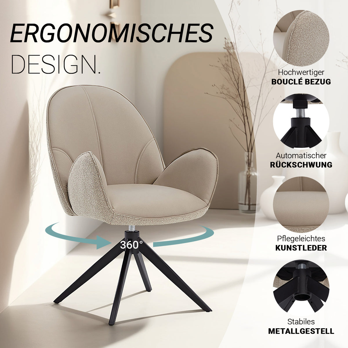 2er Set Polsterstuhl Bouclé Leder drehbar Beige