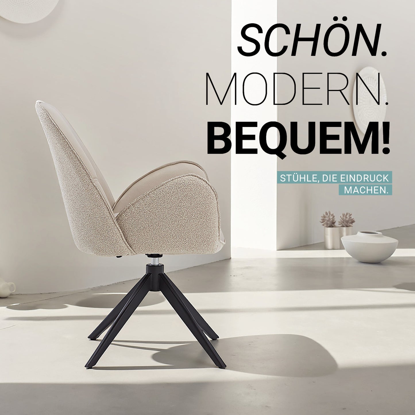 2er Set Polsterstuhl Bouclé Leder drehbar Beige