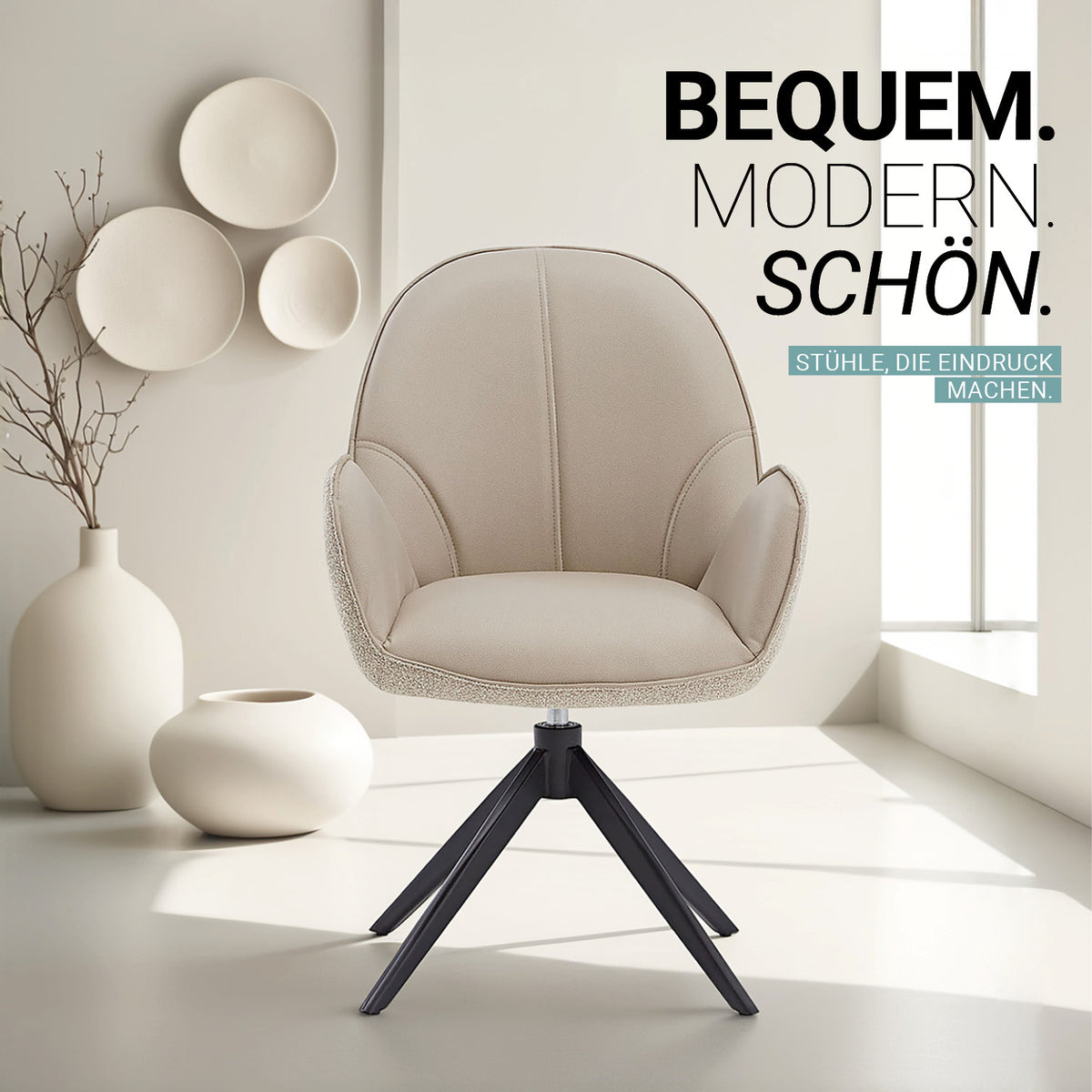 2er Set Polsterstuhl Bouclé Leder drehbar Beige