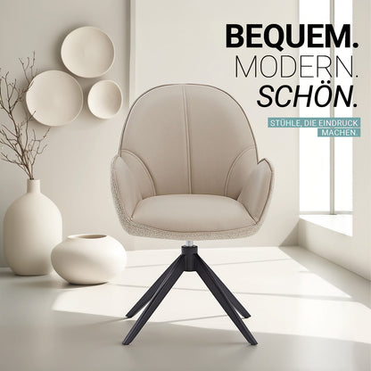 2er Set Polsterstuhl Bouclé Leder drehbar Beige