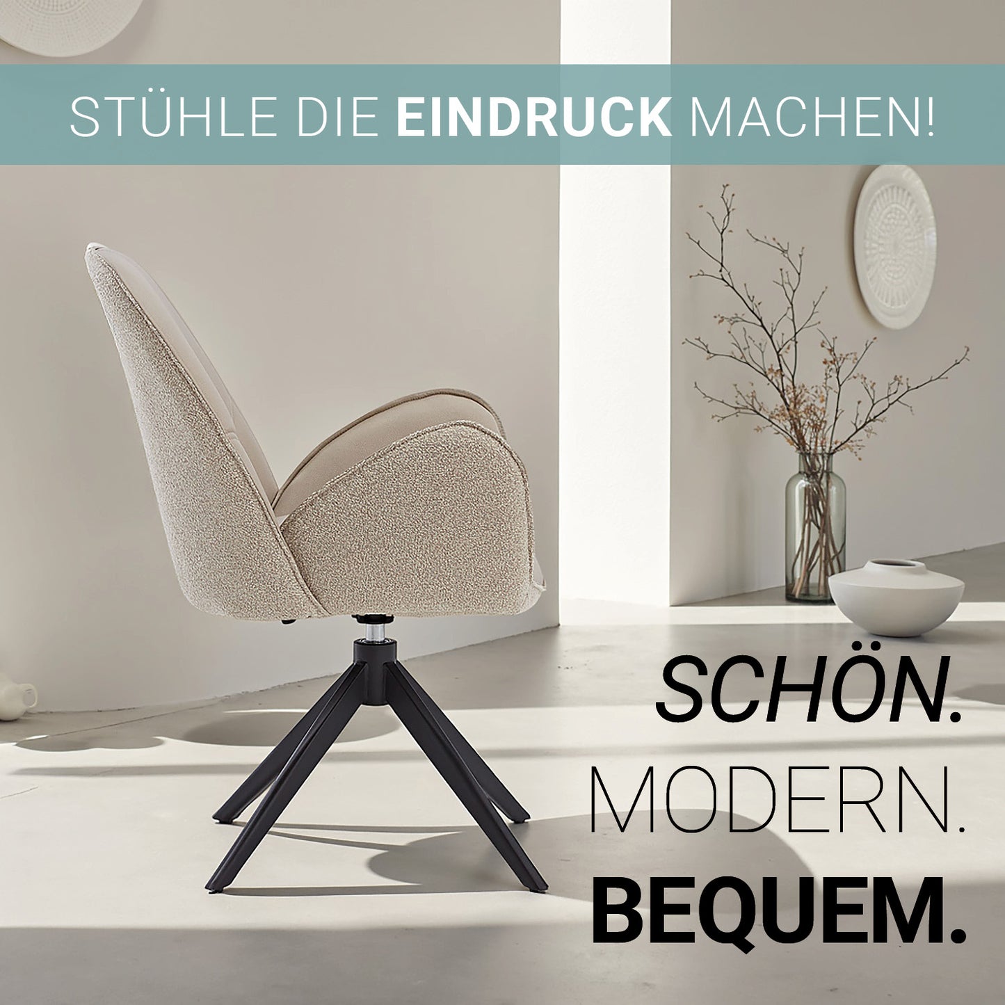 2er Set Polsterstuhl Bouclé Leder drehbar Beige