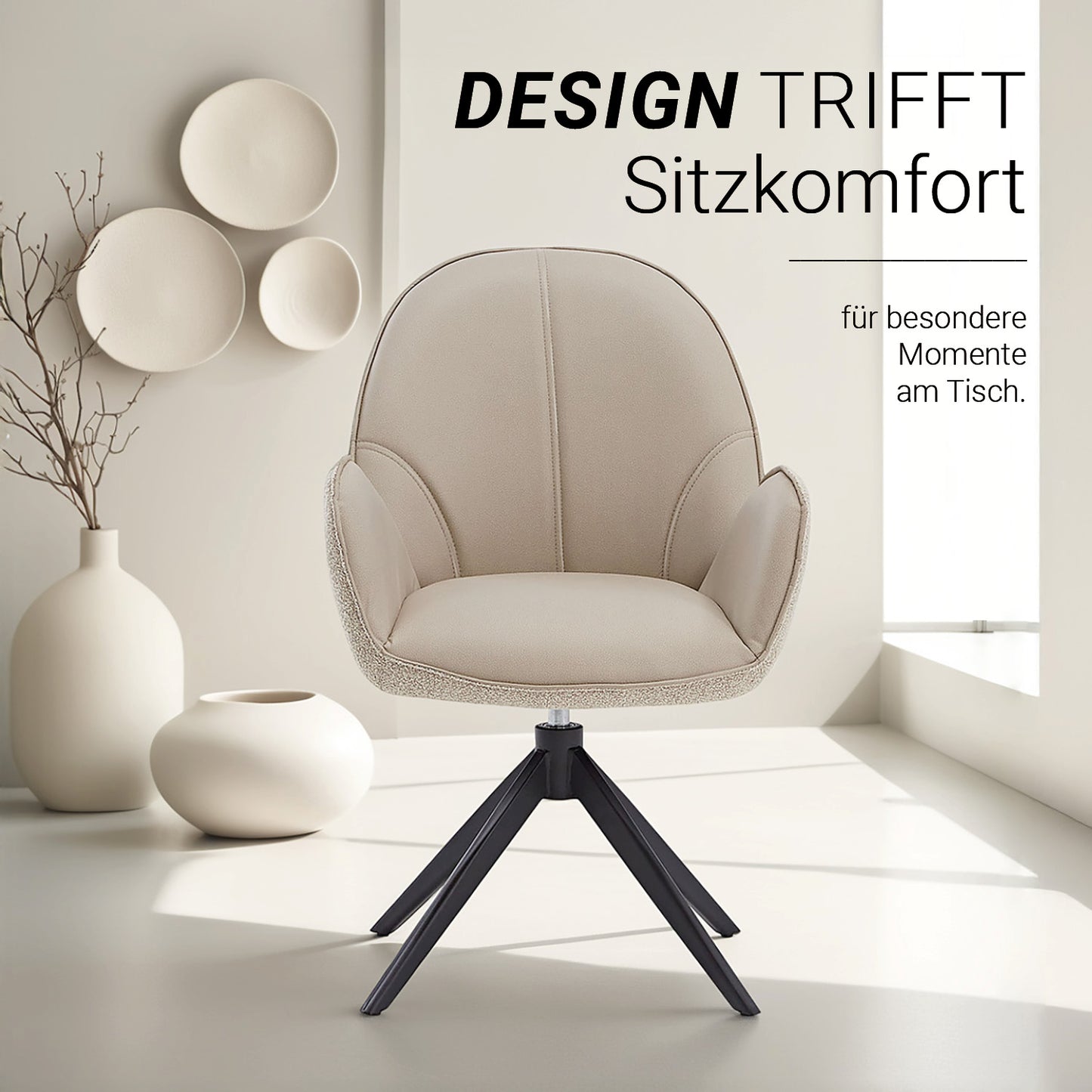 2er Set Polsterstuhl Bouclé Leder drehbar Beige