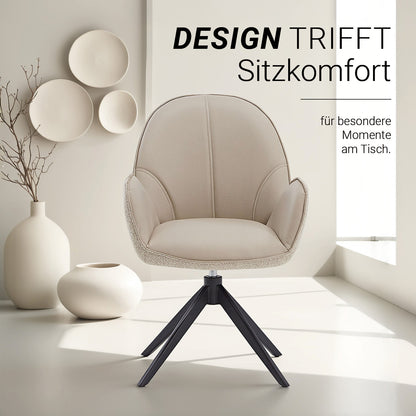 2er Set Polsterstuhl Bouclé Leder drehbar Beige