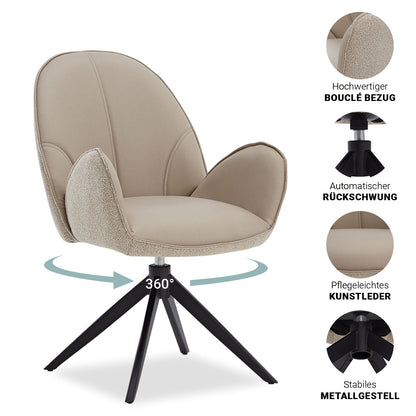 2er Set Polsterstuhl Bouclé Leder drehbar Beige