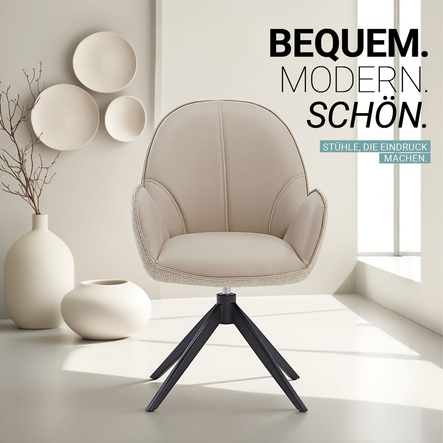 4er Set Polsterstuhl Bouclé Leder drehbar Beige
