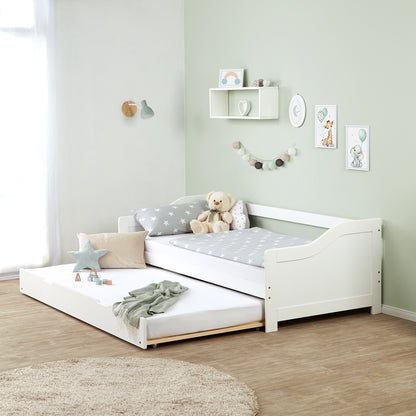 Holzbett 90x200 cm Weiss | ausziehbar | Koje | mit Matratze | Ausziehbett Duo-Bett Funktionsbett