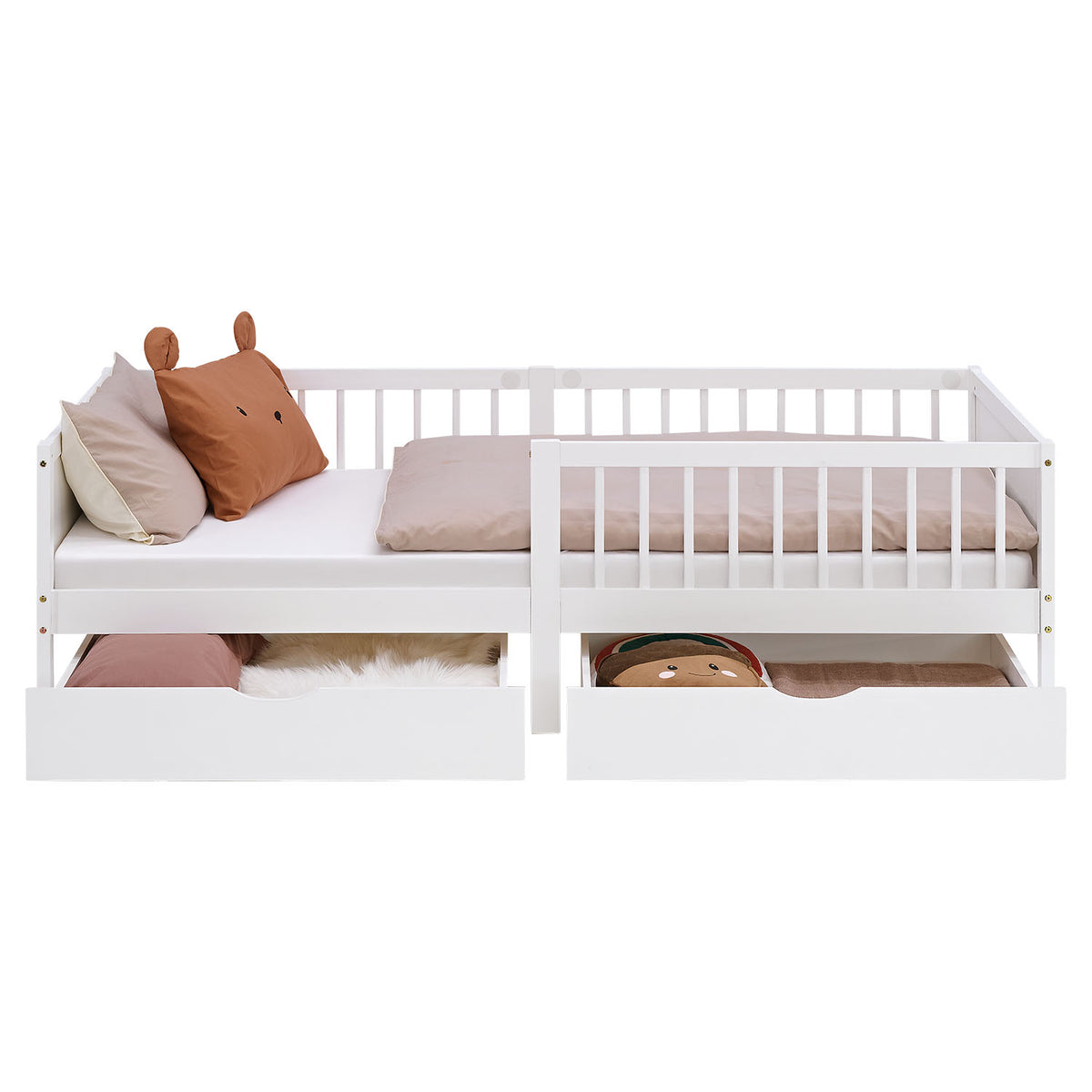 Kinderbett 90x200 cm Weiss | Holzbett mit Matratze | 2 Bettkästen | Rausfallschutz