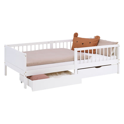 Kinderbett 90x200 cm Weiss | Holzbett mit Matratze | 2 Bettkästen | Rausfallschutz
