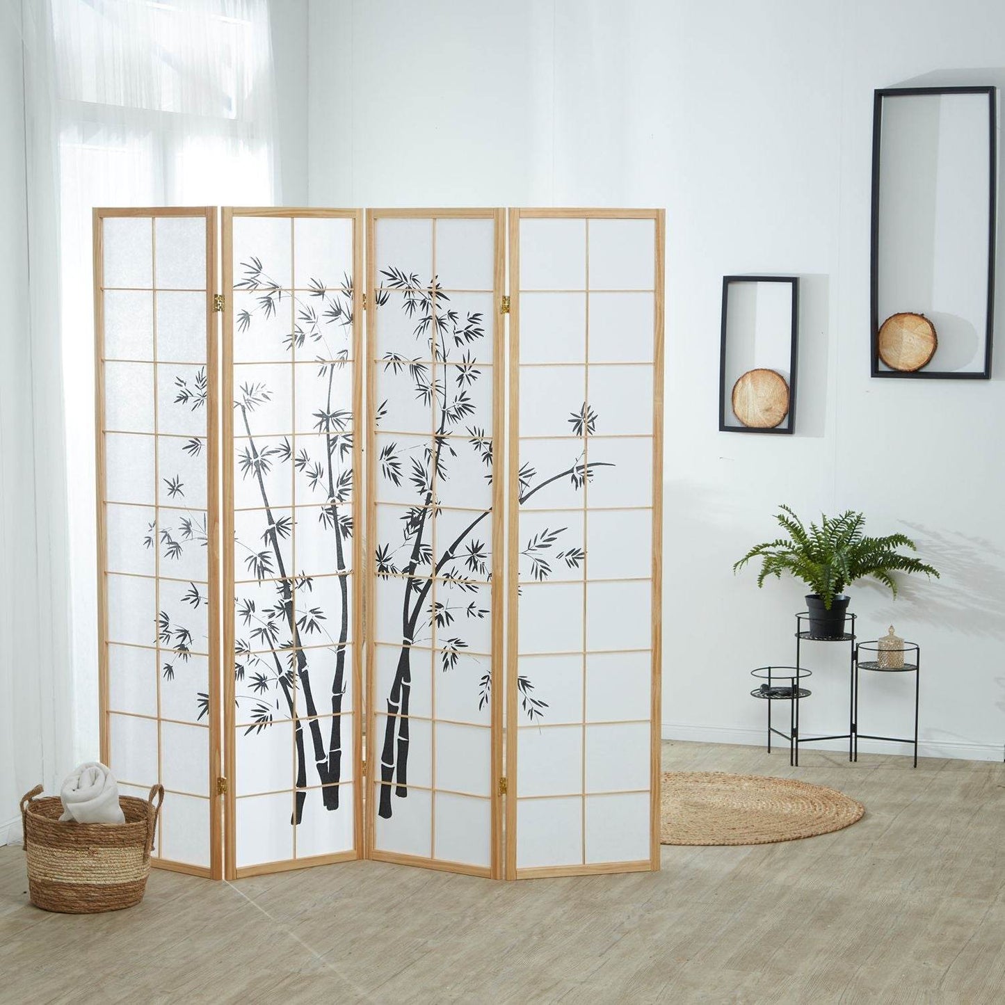 4 fach Holz Paravent Raumteiler 8036 natur Bambusmuster - Palo24