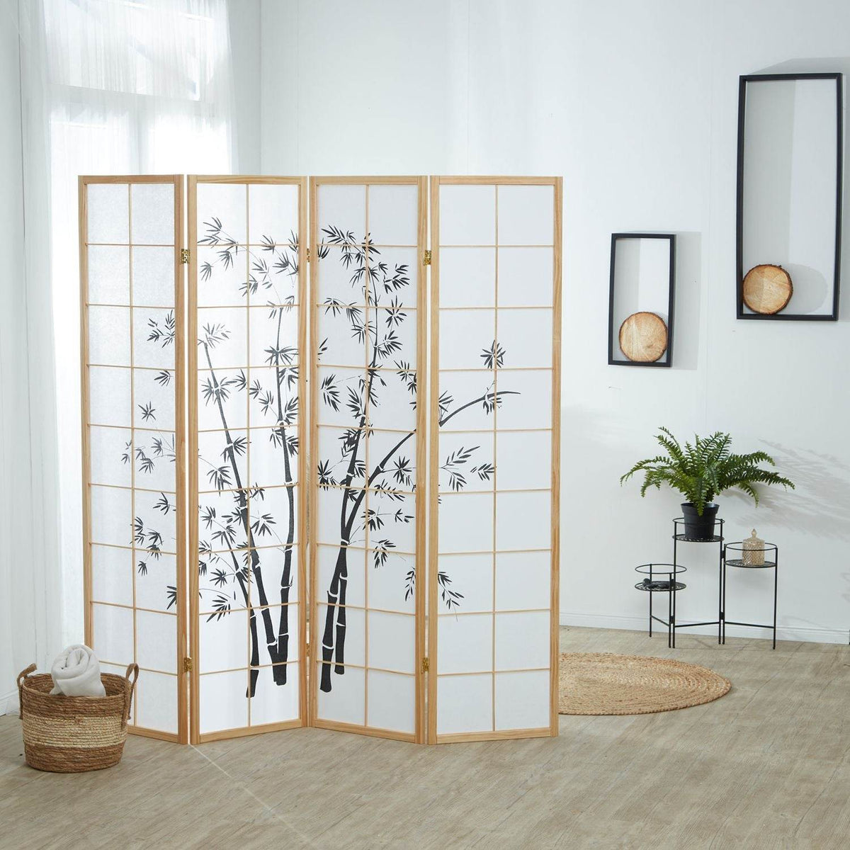4 fach Holz Paravent Raumteiler 8036 natur Bambusmuster - Palo24