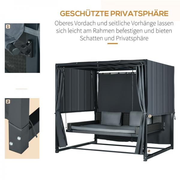Outdoor-Schaukelbett aus PE-Rattan mit Baldachin, inkl. Kissen, wetterbeständig, Grau - Palo24