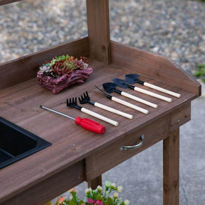 Pflanztisch Gärtnertisch mit Waschbecken und Rollen Garten Tannenholz Braun - Palo24