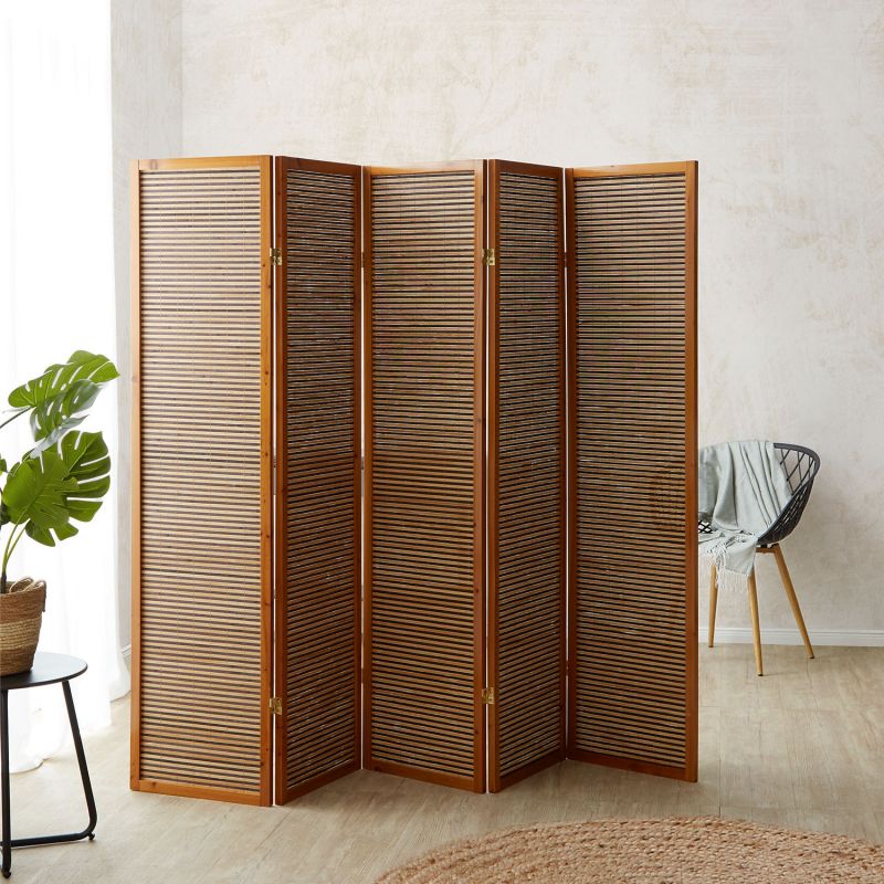 Paravent Braun Holzstreben | 5 teilig | Holz | Raumteiler Trennwand Sichtschutz