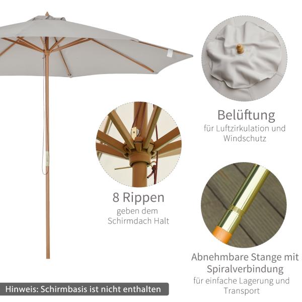 Holz Sonnenschirm Holzschirm Gartenschirm Balkonschirm 3m Grau - Palo24