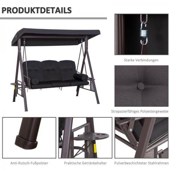3-Sitzer Hollywoodschaukel Gartenschaukel mit Sonnendach Kissen Metall Polyester Schwarz - Palo24